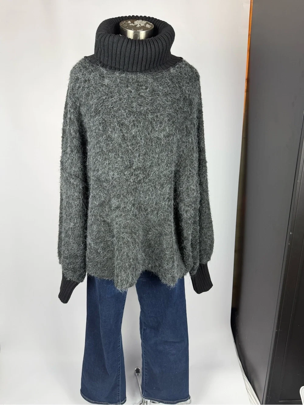Free People Oversized Fuzzy Turtleneck Sweater Charcoal Gray L